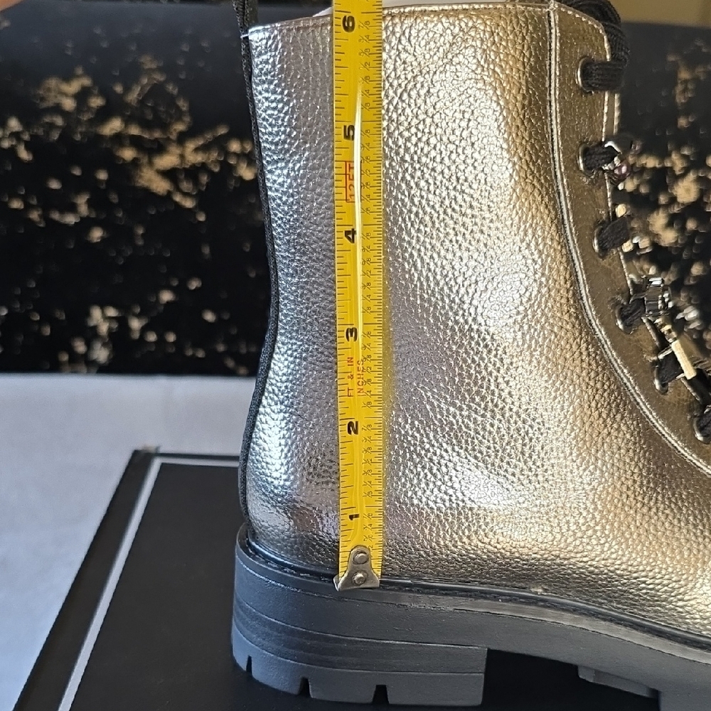 Karl Lagerfeld Paris Metallic Silver Boots with Simmering Chain Accents - Picture 12 of 13